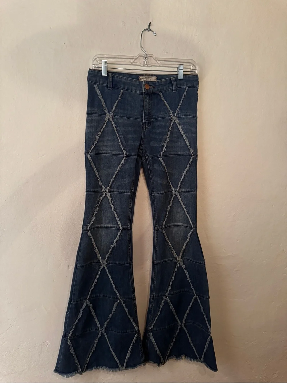 Free People Dark Blue Flare Jeans with Frayed Diamond Panels
